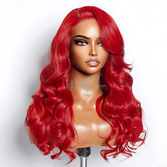 RED 5X5 BODY WAVE GLUELESS READY TO GO LACE WIG 